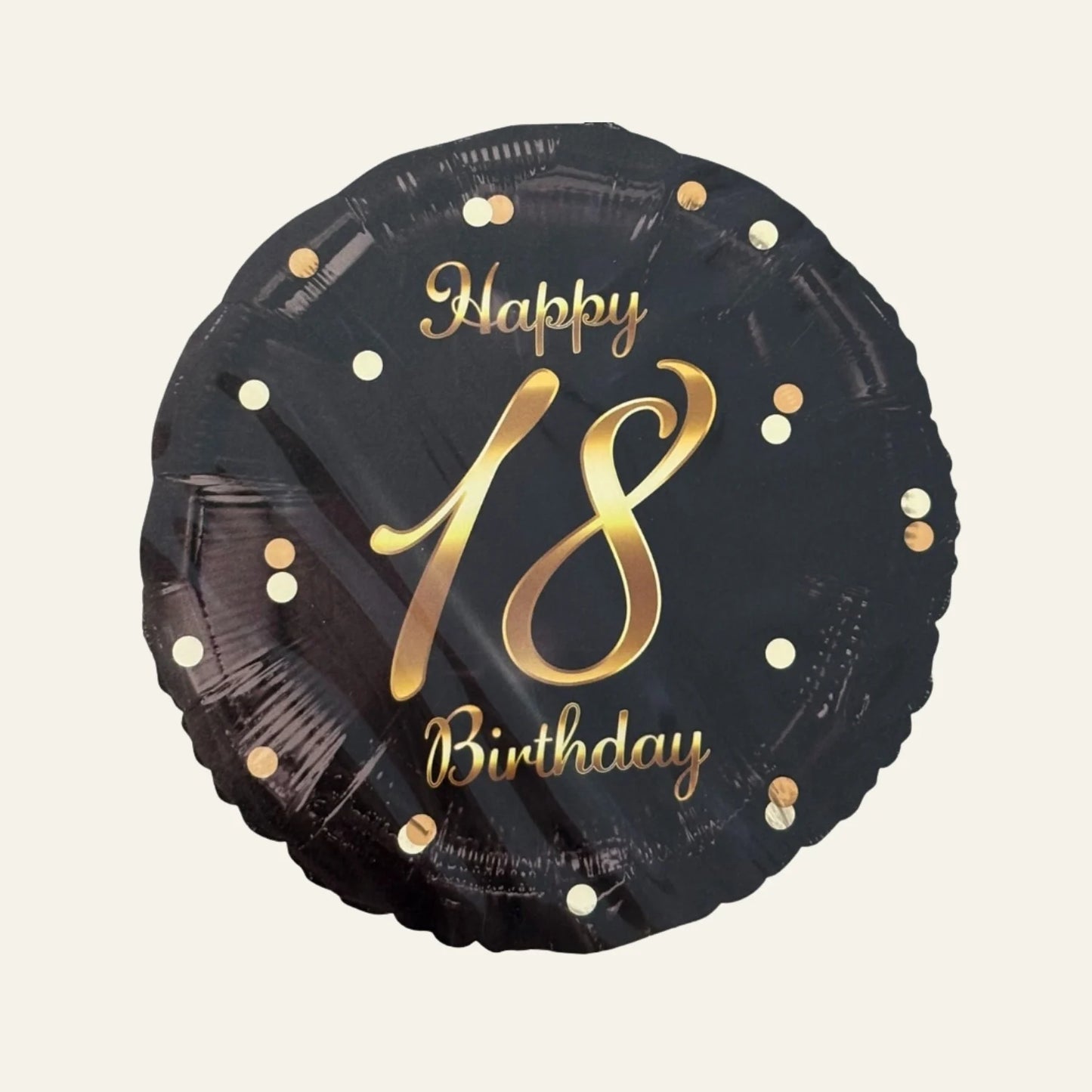 Juodos spalvos apvalus balionas su užrašu 18 Birthday, kontrastingas dizainas